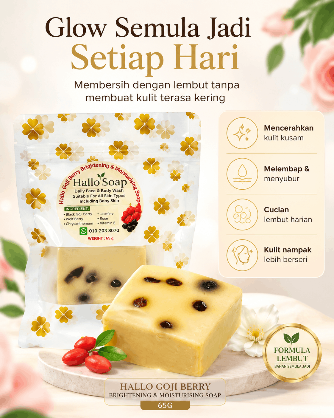 Hallo Goji Berry Brightening & Moisturising Soap angle 3